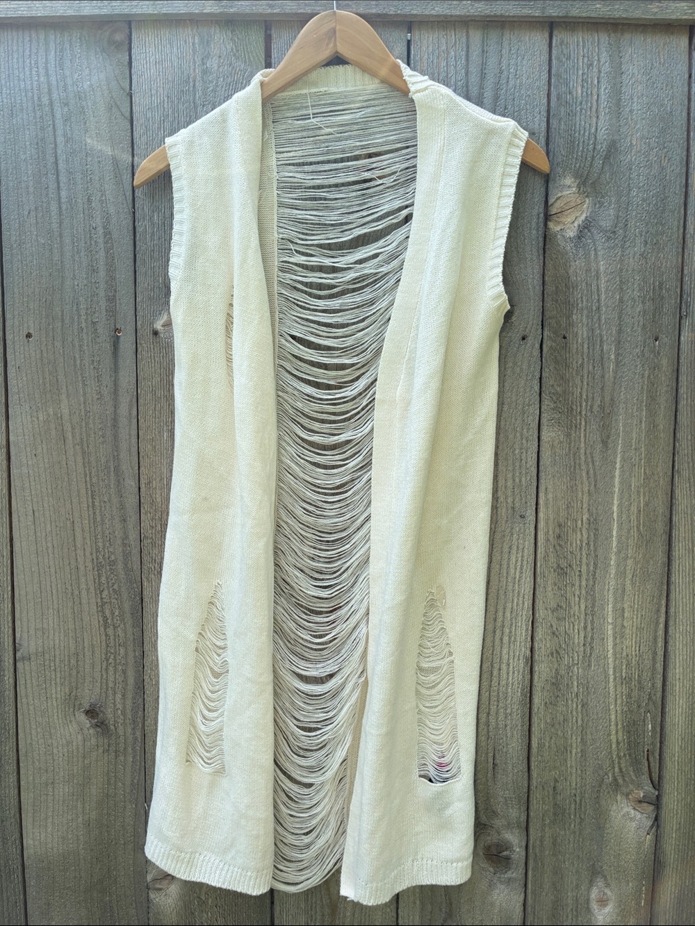 Runway Open-Front Fringe Knit Vest Topper  in Ivory